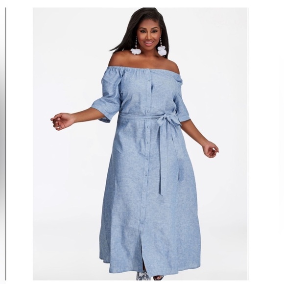 Ashley Stewart Dresses & Skirts - Ashley Stewart light blue linen off shoulder maxi dress with tie belt NWOT